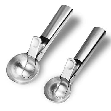 Imagem de QJFCare Colher De Sorvete Aço Inoxidável Qualidade Alimentar, Para Com Gatilho Almôndegas, Sorvetes Iogurte Congelado, Sundaes, Lavável Na Máquina Lavar Louça, Conjunto Tamanhos Médio E Grande