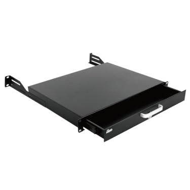 Imagem de TECMOJO Gaveta de montagem em rack com trava 1U – Gaveta de armazenamento de aço com trava segura de 22 lb (10 kg) para equipamentos de rede/servidor/gabinete AV de 48.3 cm
