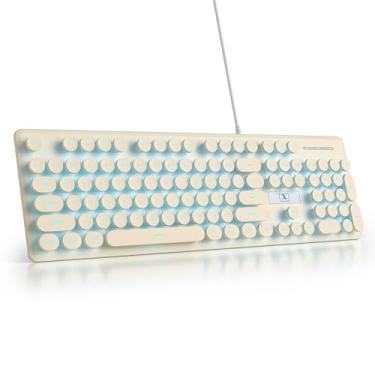 Imagem de surmen Lindo teclado silencioso com fio retrô, teclados macios de tamanho completo com teclado numérico, teclas redondas, USB retroiluminado para escritório, desktop, laptop (bege)