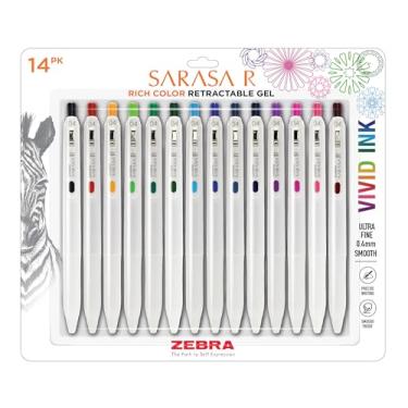 Imagem de Zebra Pen Caneta de gel retrátil Sarasa R, ponta extrafina, 0,4 mm, material escolar e diário, aderência de borracha, clipe para fichário, tinta resistente à água sortida, pacote com 14 (47714)