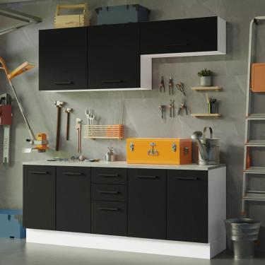 Imagem de Kit com 2 Balcões e 2 Armários Aéreos Multiuso 200cm Branco/Preto Agata Madesa