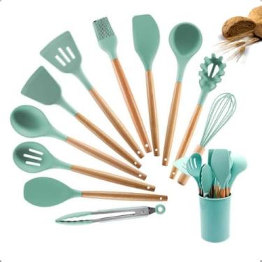 Imagem de Jogo De Cozinha Kit 12 Peças De Premium Silicone Utensílios E Copo Suporte Para Cabo De Madeira(VERDE)