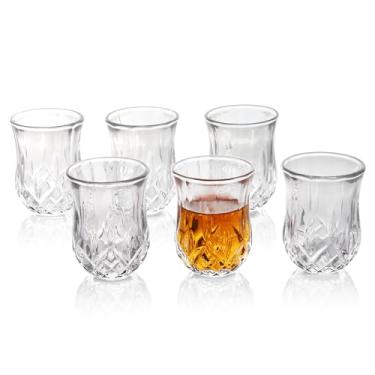 Imagem de QUAFFER Conjunto de 6 copos de shot – Copos elegantes com padrão de diamante de 50 ml – Copos clássicos de uísque vodca Tequila Sherry Brandy Cordial Mini Snifters – Perfeito para festas, bares,