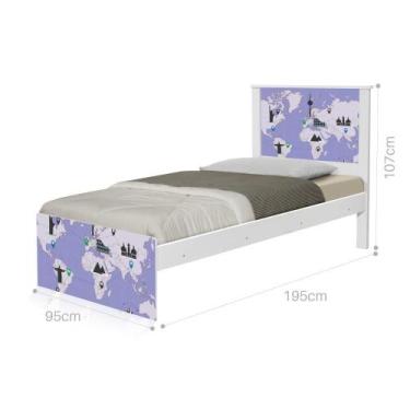 Imagem de Cama Solteiro com Cabeceira Adesivada Mapa Viagens - CASA H