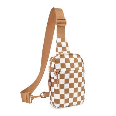 Imagem de Pequena bolsa tiracolo quadriculada resistente à água, suporte de telefone de corrida para mulheres, homens, treino, viagem, caminhada, Marrom claro, Medium, Tendência