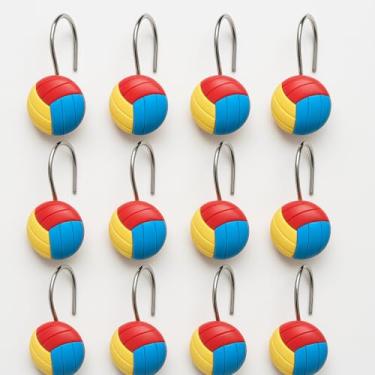 Imagem de YOINIUEM Conjunto de 12 ganchos de cortina de chuveiro de vôlei coloridos - Ganchos de banheiro com tema esportivo de resina, acessórios decorativos divertidos para fãs de esportes