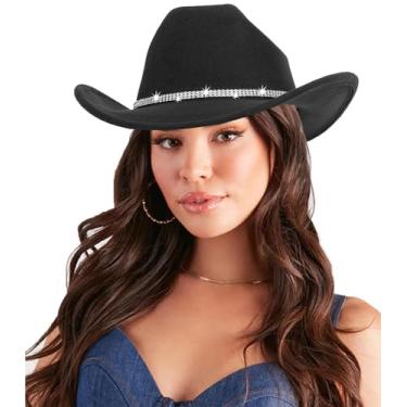 Imagem de Chapéus de cowboy ocidentais de strass para mulheres - Chapéu vintage de aba larga para festa de música discoteca M/G, Preto, M