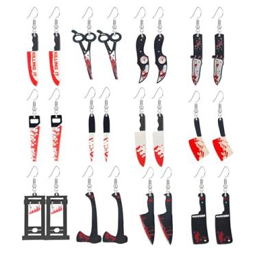 Imagem de Dreuyet 12 pares de brincos de punhal de faca para mulheres, facas punk góticas de Halloween, tesoura, brincos de sangue de serra, festa de terror de Halloween, cosplay, joias, presentes, Middle