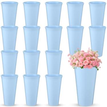 Imagem de Ninehaoou Pacote com 8 baldes de flores de plástico de 24 cm, vasos redondos modernos para centros de mesa, exibição floral, baldes decorativos para mesa, decoração de casamento (azul)