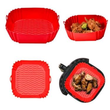 Imagem de Forma Assadeira Para Fritadeira Air Fryer Com Alça Em Silicone Reutilizável Formato Quadrada 4 Litros 20 x 18 x 5 cm (Vermelho | 4L)