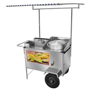 Imagem de Carrinho de Milho Verde Cefaz Luxo Inox com Rodas Pneumáticas e Toldo 