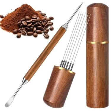 Imagem de Agitador de café expresso, 6 agulhas, ferramenta de distribuição de café expresso com cabo e base de madeira natural, caneta artística latte de aço inoxidável, ferramentas de barista, kit de