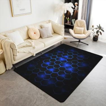 Imagem de Feelyou Tapetes de sala de estar azul favo de mel geométrico geométrico hexagonal para decoração de quarto de crianças, meninos, meninas, adolescentes, conjunto de tapetes decorativos geométricos,