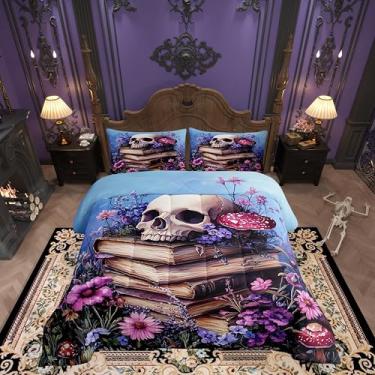 Imagem de Conjunto de cama King vintage de fazenda, floral, livro de caveira, para adolescentes, crianças, homens, decoração de quarto, estilo gótico, reversível, edredom de flores silvestres, 3 peças
