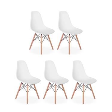 Imagem de Kit 5 Cadeiras Brancas Eiffel Charles Eames DKR – Base de Madeira – Sala de Jantar, Cozinha, Escritório, Home Office