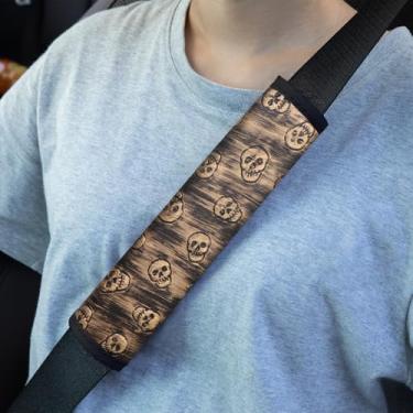 Imagem de Cinuius 2 peças de capas de cinto de segurança de carro de couro com padrão de caveira em relevo, almofadas de alça de ombro macias respiráveis para proteção de pescoço e ombro (caveira preta dourada)