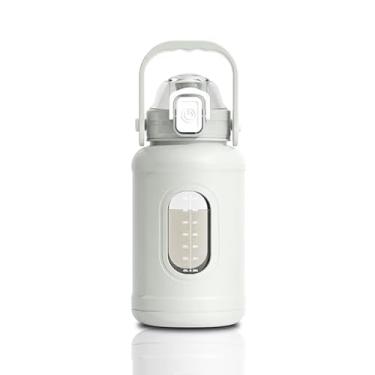 Imagem de hisptgo Copo de vidro de 946 ml com alça - Garrafa de água de parede dupla de 1000 ml, tampa à prova de vazamento, vidro borossilicato resistente a quebras para bebidas quentes e frias (branco)