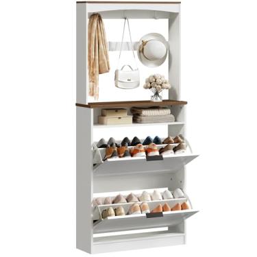 Imagem de YATINEY Armário alto para sapatos com gavetas dobráveis e cabideiro, organizador moderno de armazenamento de sapatos, árvore de corredor 2 em 1 com ganchos móveis e prateleiras abertas, para entrada
