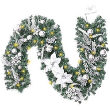 Imagem de Guirlanda de Natal de 1,8 m, prata branca com 30 luzes de LED, ornamentos de bola, flocos de neve, flores de poinsétia e frutas silvestres, decoração de Natal para cornija interna e externa