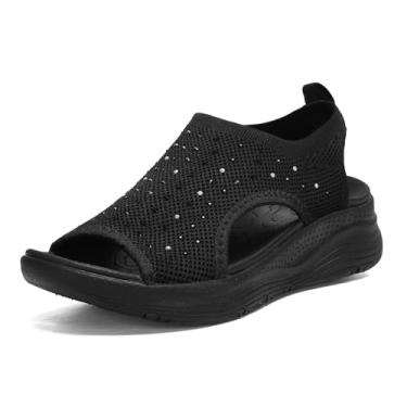 Imagem de YESWIN Sandálias femininas de caminhada, suporte de arco, ortopédica, confortável, fascite plantar, antiderrapante, casual, bico aberto, sandálias esportivas para verão e praia, Diamante preto, 36