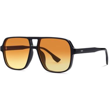 Imagem de Tskestvy Óculos de sol aviador retrô quadrados dos anos 70 para mulheres e homens, lentes coloridas, de plástico, moderno, vintage, óculos de sol ocidentais, Armação preta/lente amarela gradiente, one