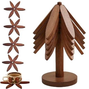 Imagem de Trivets de madeira para pratos quentes, conjunto de porta-copos em forma de árvore, jogo americano de madeira dobrável, conjunto de 5 porta-copos (5 trivets + 1 suporte) para panela quente/tigela/bule