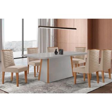 Imagem de Conjunto Sala de Jantar Tilia c/ Tampo Madeirado c/ Vidro Canto Curvo 180x90cm e 6 Cadeiras Dafne Madeira Maciça Naturale/Off White - Capuccino/Suede 