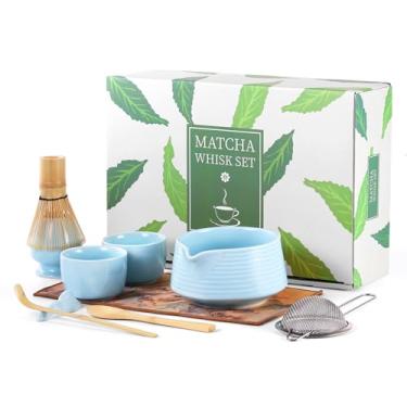 Imagem de HELPLX Conjunto de batedor Matcha, kit de 10 peças de matcha japonês com tigela, batedor e suporte, 2 xícaras de chá, colher de bambu, colher, peneira, descanso para colher e toalha de chá – Conjunto
