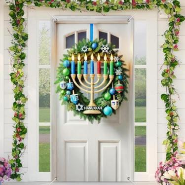 Imagem de BlissYard Faixa de porta de Hanukkah, 89 x 189 cm, decoração de porta da frente com velas de menorá, estrela de Davi e ornamentos para exibição de parede de varanda de inverno e ambientes internos e