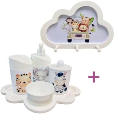 Imagem de Kit Higiene Bebê Safari Elefante, zebra e tigre + Cabideiro Infantil N