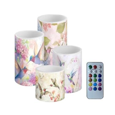 Imagem de NETILGEN Flor vintage, beija-flor, velas sem chama, pilhas de LED, pilar, velas de tealights com temporizador remoto, controle de mudança de cor para decoração de casa, conjunto de 4