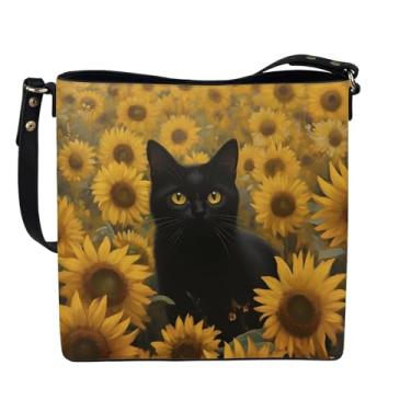Imagem de HUGS IDEA Bolsa feminina de couro, bolsa de ombro, bolsa tiracolo com alça superior, Girassol gato preto, Large