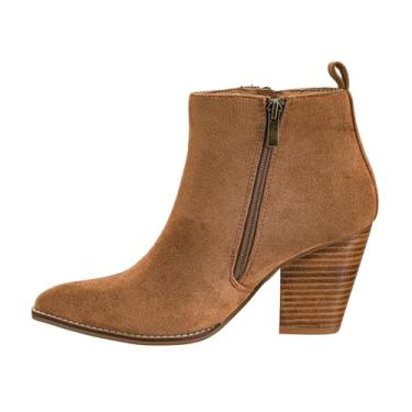 Imagem de Corkys Footwear Hey Girl Bota feminina de salto alto de 8,5 cm, com dois zíperes laterais funcionais e uma palmilha de EVA levemente acolchoada para conforto o dia todo, Camurça sintética de tabaco