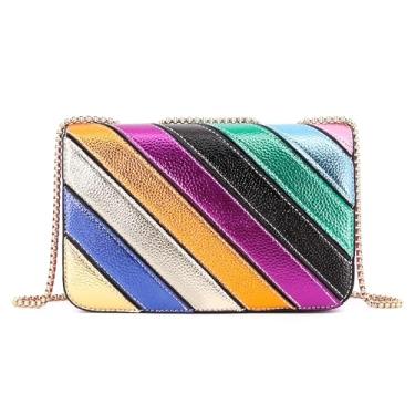 Imagem de Naimo Bolsa feminina em formato de coração, listrada, arco-íris, bolsa tiracolo de couro sintético metálico com corrente de ombro, Listra diagonal quadrada