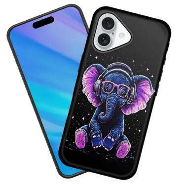 Imagem de KJFHDJFDH Capa para iPhone 17, resistente à prova de choque, borracha de silicone macia + capa protetora híbrida de plástico rígido para iPhone 17 de 6,3 polegadas 2025, elefante com fones de ouvido