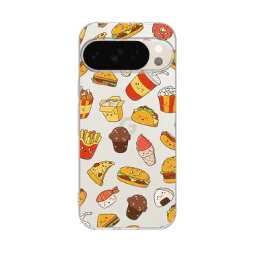 Imagem de Peachy Life Capa compatível com Google Pixel 10 Pro XL, estampa de comida divertida com taco, pizza e batatas fritas, sushi, design fofo de desenho animado, capa protetora transparente de TPU macio de