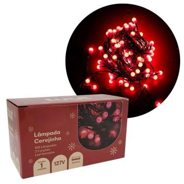 Imagem de Pisca Sequencial Cerejinha Natal LED Vermelho 100 Lâmpadas 127V 8 Funções