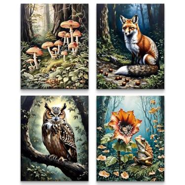 Imagem de Arte de parede de floresta de fantasia, pôsteres de floresta mágica, lobo, estampa de animais de coruja, estampas de flores de piranha de cogumelo, imagens de plantas de animais Dark Academia para