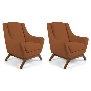 Imagem de Kit 02 Poltronas Decorativa Fixa Base de Madeira Juliet D02 Veludo Telha C-262 - Lyam Decor