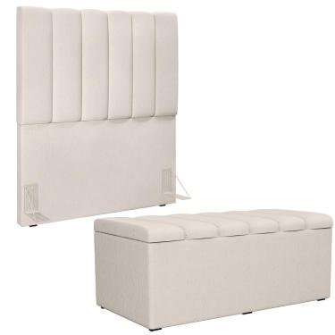 Imagem de Kit Cabeceira Cama Box Solteiro 100cm Com Calçadeira Recamier Baú Dália W01 Linho Cru - Lyam Decor