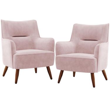 Imagem de Kit 02 Poltronas Decorativa Fixa Pés de Madeira Isabella D02 Veludo Rosê C-305 - Lyam Decor