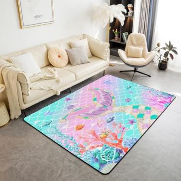 Imagem de Erosebridal Tapete de área de cauda de sereia 1,5 x 1,82 m, tapete infantil escamas de peixe feminino, tapete de animais marinhos vida oceânica, lantejoulas azul-petróleo, tapete decorativo lavável rosa pastel para sala de estar
