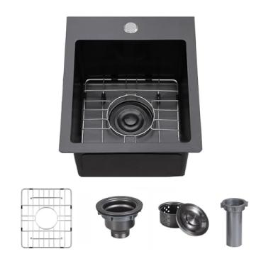 Imagem de Pia de cozinha profunda de aço inoxidável 304 moderna tigela única pequena pia de estação de trabalho com grade e ralo de prato (preto, 38 x 43 cm suporte superior)