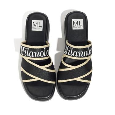 Imagem de MiLanolce Sandálias plataforma confortáveis sem cadarço para mulheres, boêmia, verão, bico aberto, chinelos, Preto, 37