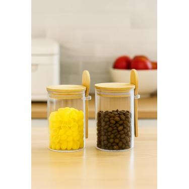 Imagem de Kit 2 Potes de Vidro 550ml com Tampa de Bambu Hermética e Colher de Bambu – Armazenamento de Mantimentos, Café, Açúcar, Temperos e Cereais