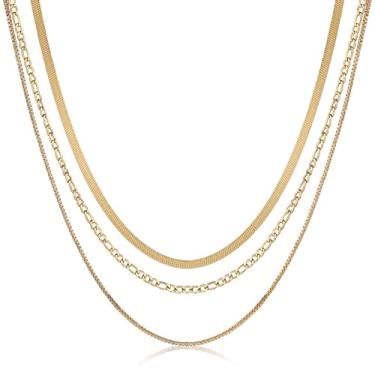 Imagem de Pancert Colar em camadas para mulheres, colar de espinha de peixe banhado a ouro 14K, gargantilha, multicamadas, clipe de papel, Cuba, Fígaro, conjunto de acessórios de corrente, joia não manchada