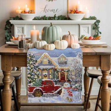 Imagem de Caminho de mesa de carro de Natal vermelho corredor de inverno branco boneco de neve para mesas de jantar corredor cozinha decoração de mesa de festa 33 x 182 cm