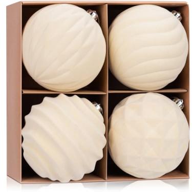Imagem de WHGJ Conjunto de enfeites de bola de Natal grande de veludo branco creme, 15 cm, 4 peças de lâmpadas penduradas bege grandes à prova de estilhaçamento para decoração ao ar livre de árvore de Natal