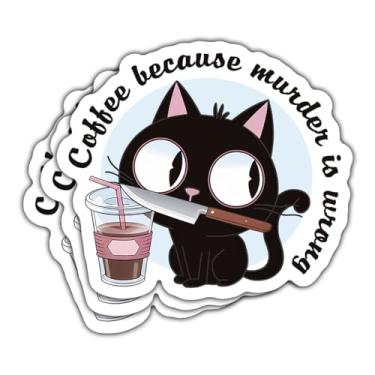 Imagem de (3 peças) Adesivo de gato Coffee Because Murder is Wrong, adesivo de vinil engraçado para café, decalque à prova d'água para laptop, garrafa de água, capacete, carro, presentes 7,6 x 7,6 cm