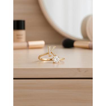 Imagem de Anéis para mulheres, simples, bonitos, empilháveis, conjunto para mulheres, moderno, anéis delicados, letras A-Z, ouro, One Size, Liga de aço, Sem pedra preciosa